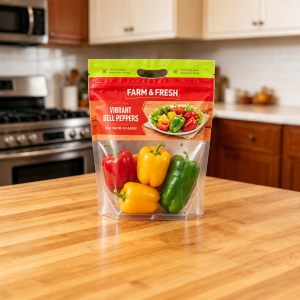 Ventilated bell pepper carry pouch with die-cut handle