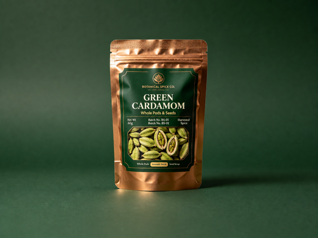 Copper and green high-barrier cardamom zipper pouch