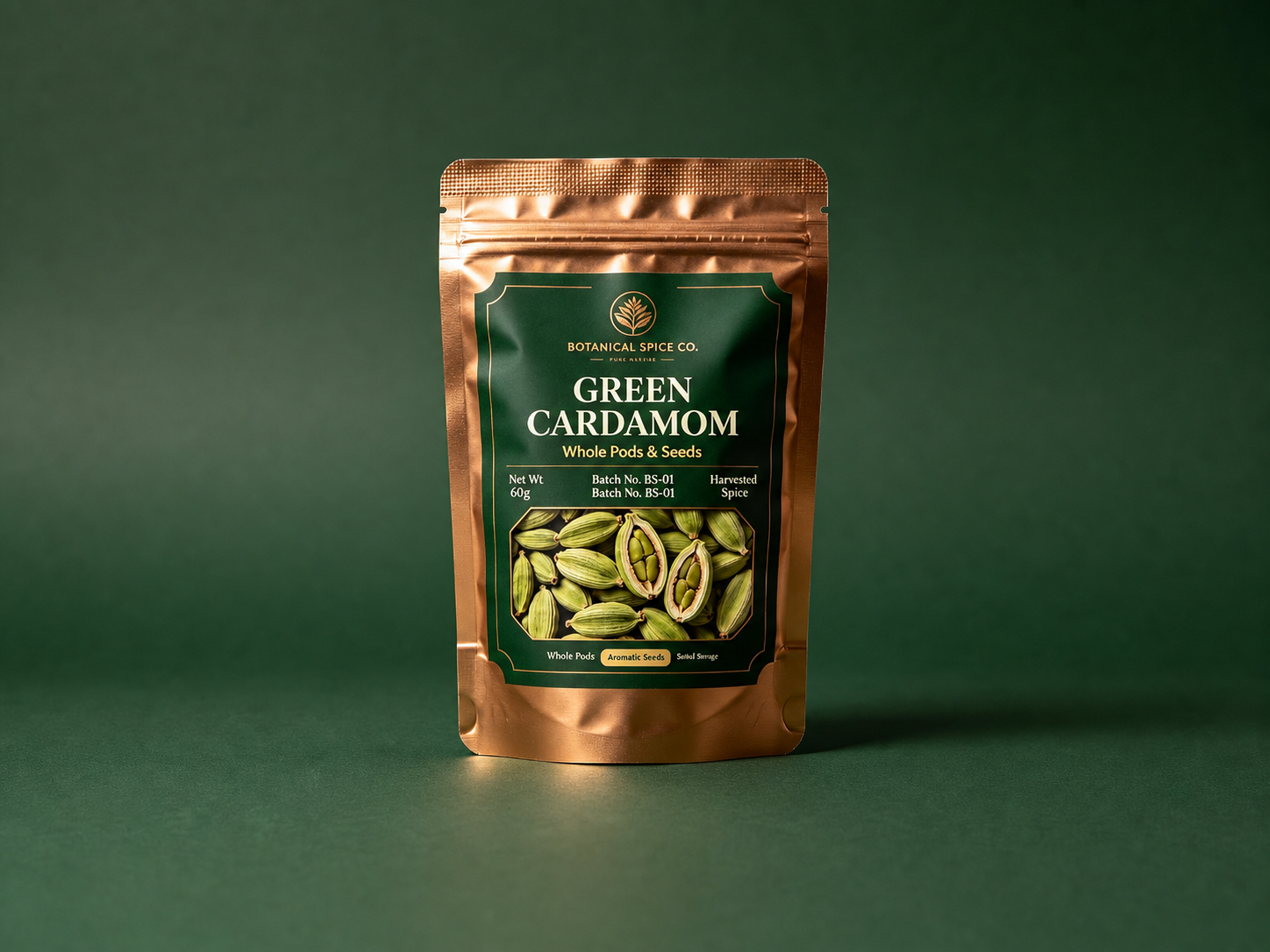 cardamom high barrier pouch expanded Copper and green high-barrier cardamom zipper pouch