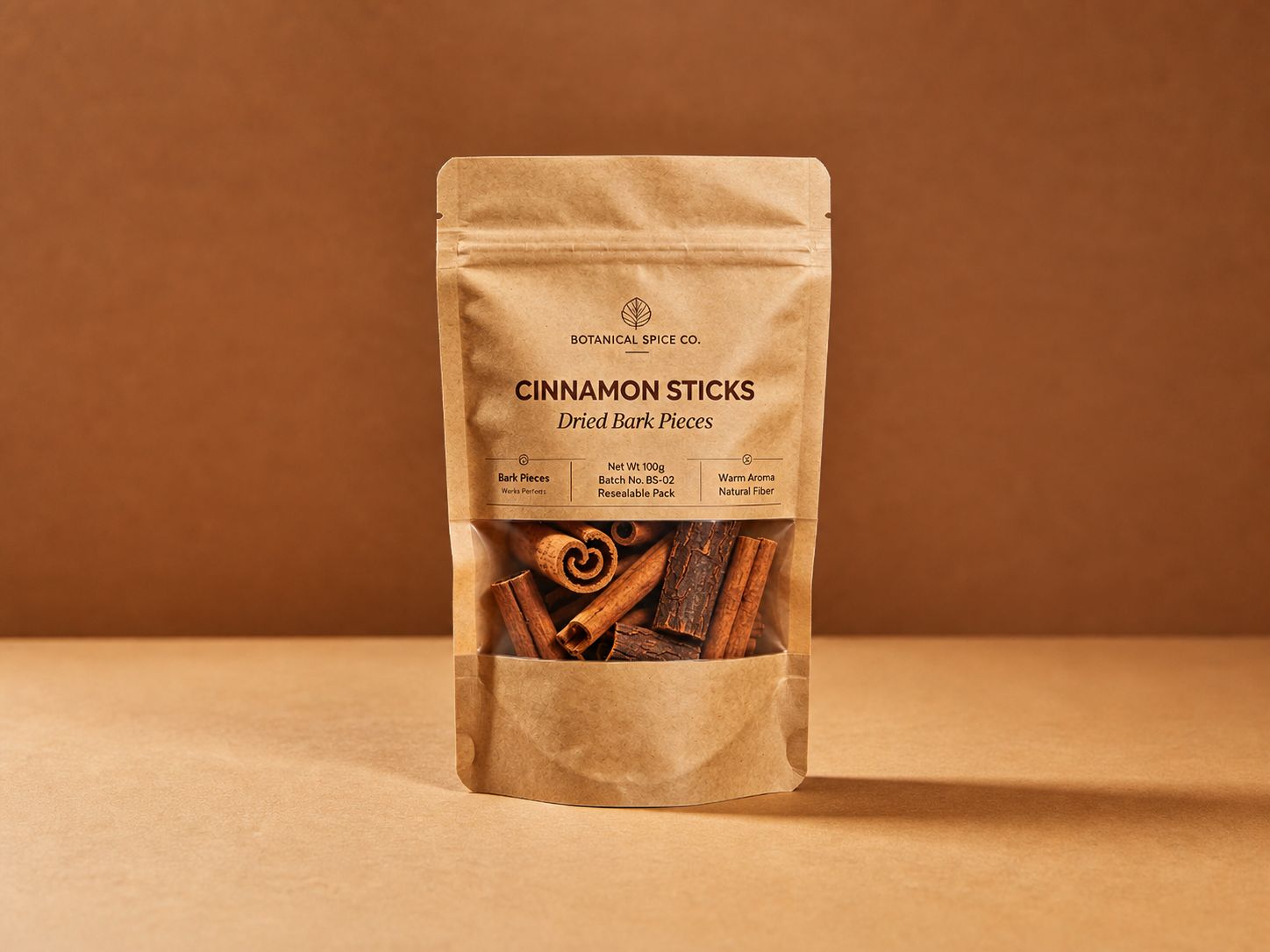 cinnamon kraft window pouch expanded Kraft cinnamon stick zipper pouch with window