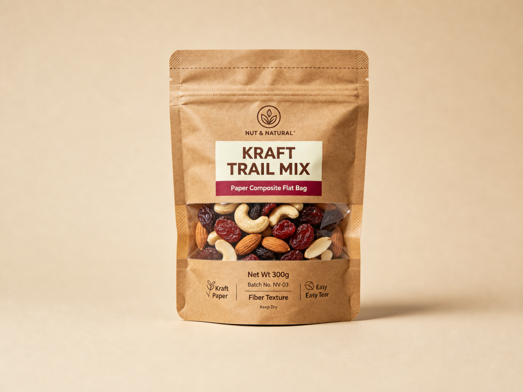 Kraft paper trail mix zipper pouch with wide clear window