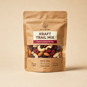 Kraft paper trail mix zipper pouch with wide clear window