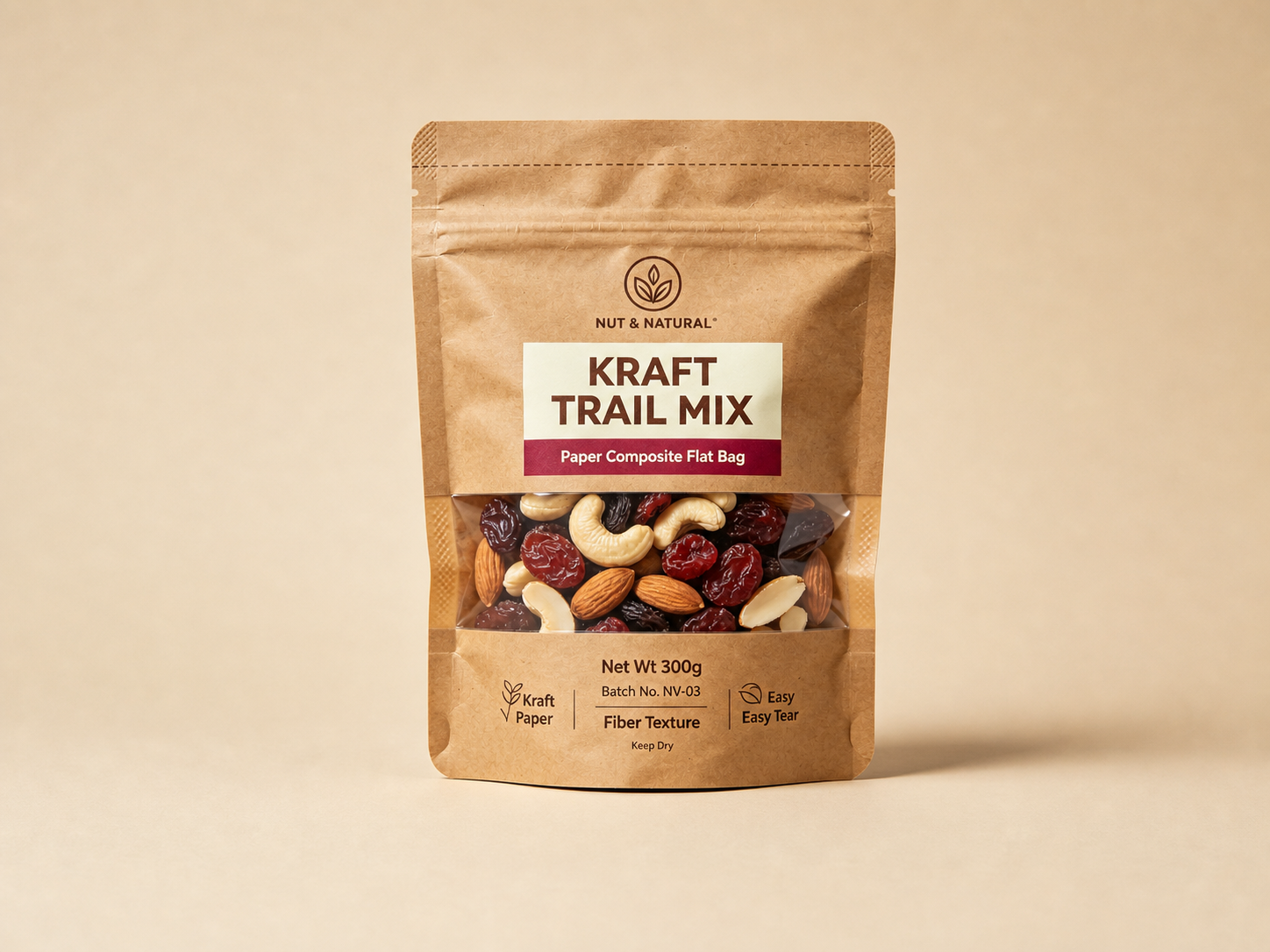 kraft trail mix pouch expanded Kraft paper trail mix zipper pouch with wide clear window