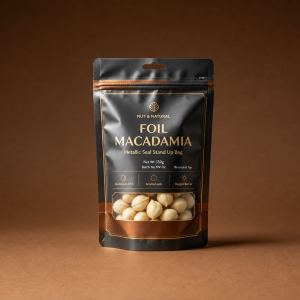 Black and copper high-barrier macadamia zipper pouch with window