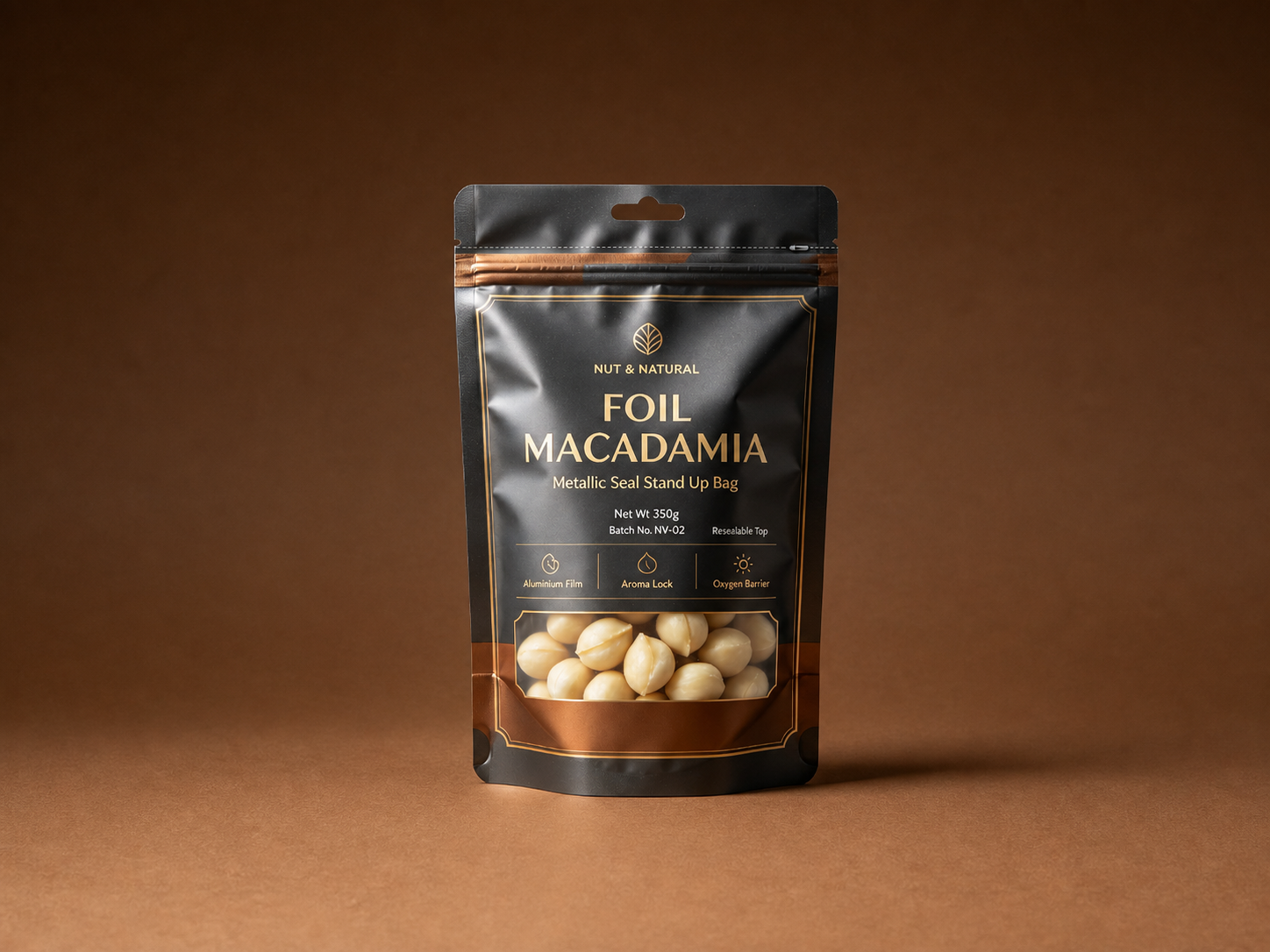 macadamia high barrier pouch expanded Black and copper high-barrier macadamia zipper pouch with window