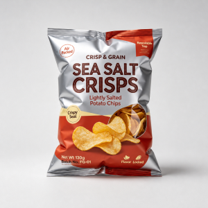 Silver and red nitrogen-flush crisps pillow bag