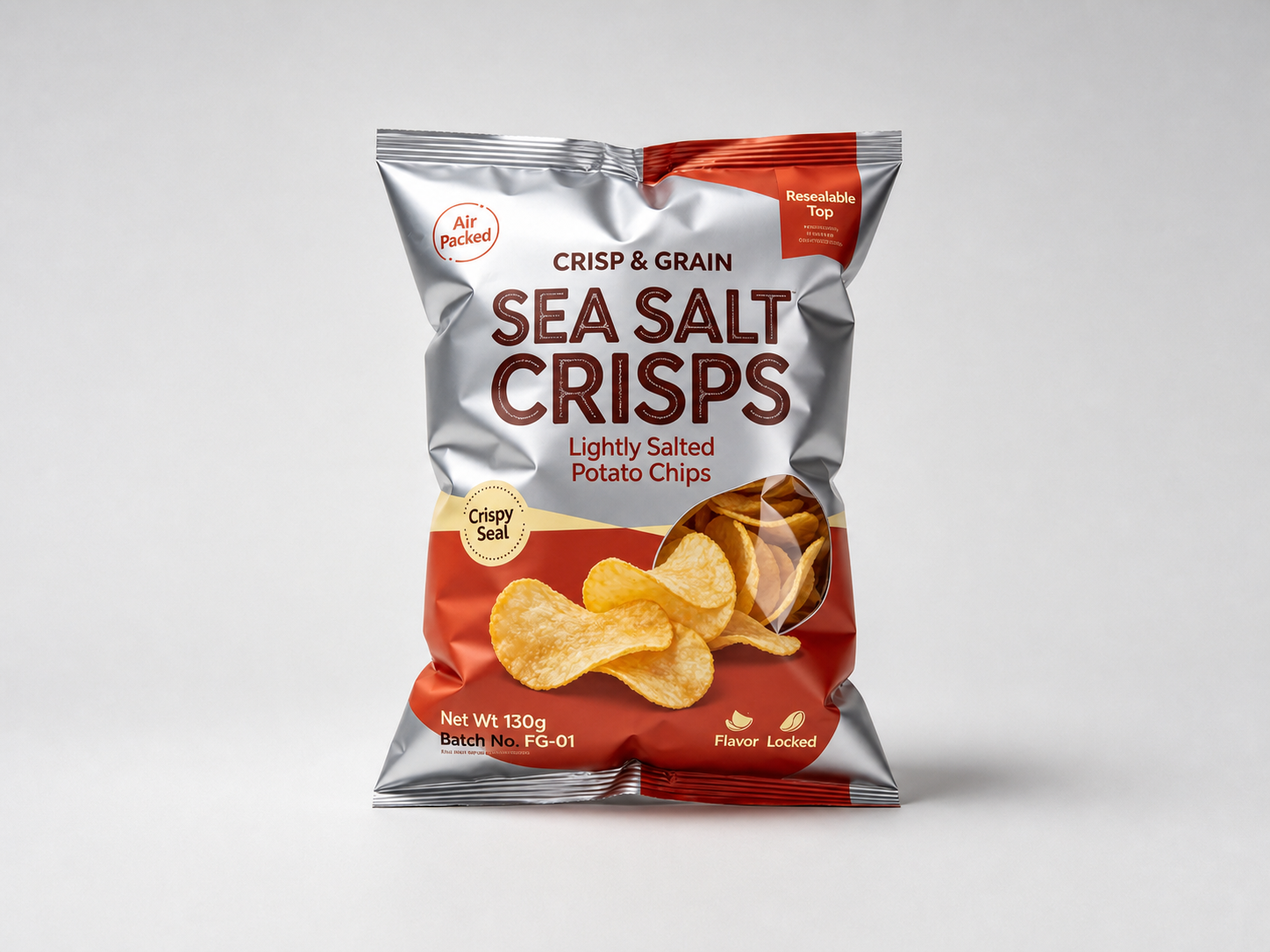 sea salt crisps pillow bag expanded Silver and red nitrogen-flush crisps pillow bag