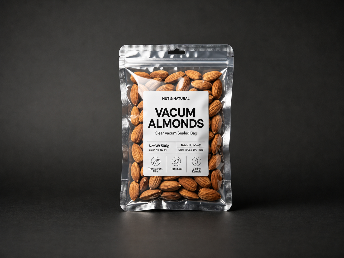 vacuum almond pouch expanded Clear vacuum almond pouch with zipper and hang hole